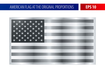 Silver American flag in a metallic frame. Metal texture glare on the flag. Realistic vector isolated. EPS 10.