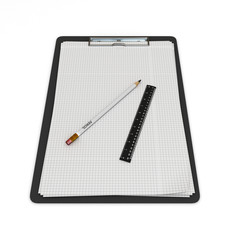 Clip board and papers and a pencil with a ruler on it 3d render