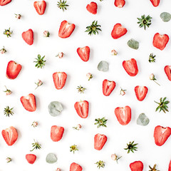 Colourful bright pattern made of strawberries, pink rose buds and leaves
