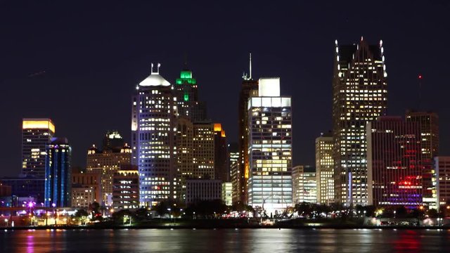A Timelapse of the Detroit skyline at night across river
