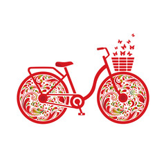Bicycle vector on a white background. Drawn floral pattern. Isolated object. Sports lifestyle. Logo, icon. Print, shirt design.