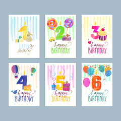 Set of birthday greeting cards. Hand drawn watercolor vector illustration concepts for website banners and print material.