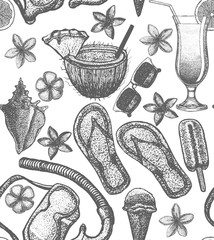 vector seamless hand-drawn summer background with cocktails, snorkeling mask, sunglasses, frangipani flowers, shell and ice-cream