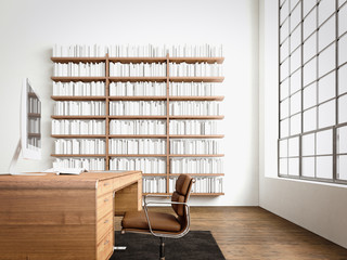 Modern interior cabinet room with big panoramic window,natural wood floor.Generic computers,generic design furniture in contemporary business conference office.Reflections monitor screen.3D rendering.