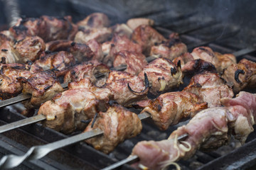 Juicy slices of meat on skewers prepare on fire shish kebab