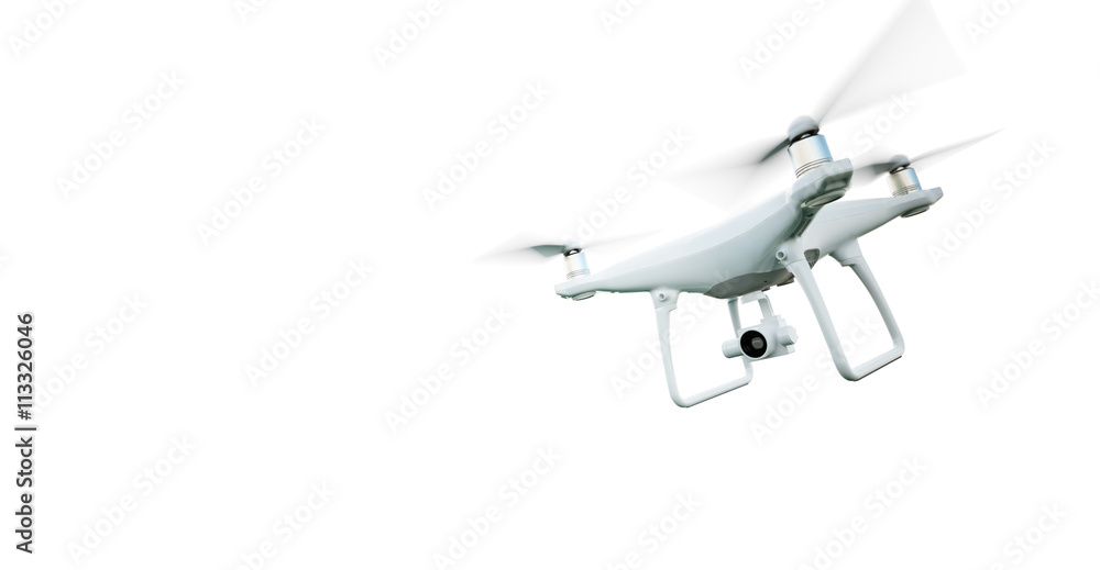 Wall mural picture matte generic design modern remote control air drone flying with action camera. isolated on 