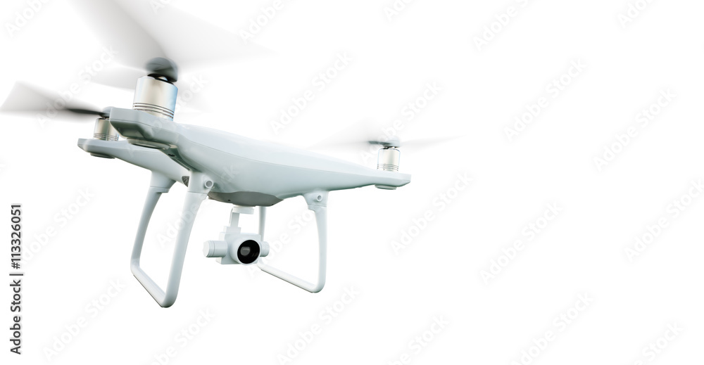 Wall mural image matte generic design modern remote control air drone flying with action camera. isolated on em