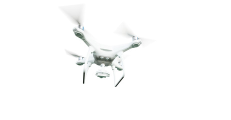 Photo Matte Generic Design Modern Remote Control Air Drone Flying with action camera. Isolated on Empty White Background. Horizontal. 3D rendering.