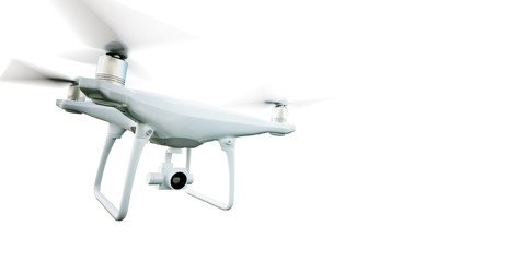 Image Matte Generic Design Modern Remote Control Air Drone Flying with action camera. Isolated on Empty White Background. Horizontal. 3D rendering.