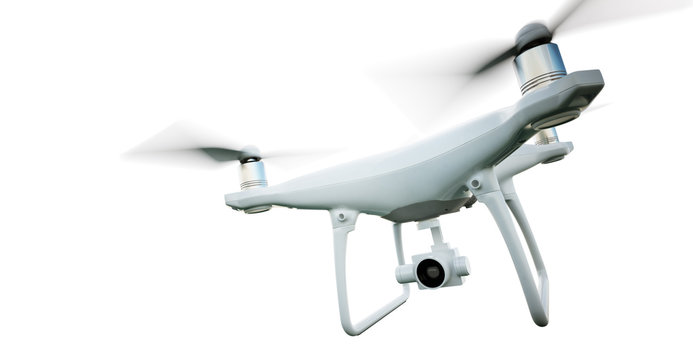 Photo Matte Generic Design Modern Remote Control Air Drone Flying with action camera. Isolated on Empty White Background. Horizontal closeup. 3D rendering.