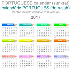 2017 Crayons Calendar Portuguese Version Sunday to Saturday