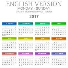 2017 Calendar English Language Version Monday to Sunday