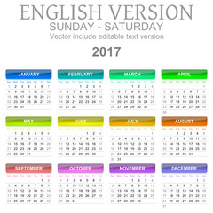 2017 Calendar English Language Version Sunday to Saturday