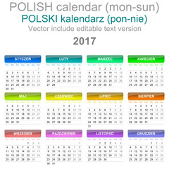 2017 Calendar Polish Language Version Monday to Sunday
