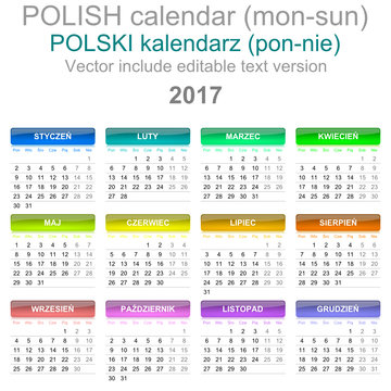 2017 Calendar Polish Language Version Monday to Sunday