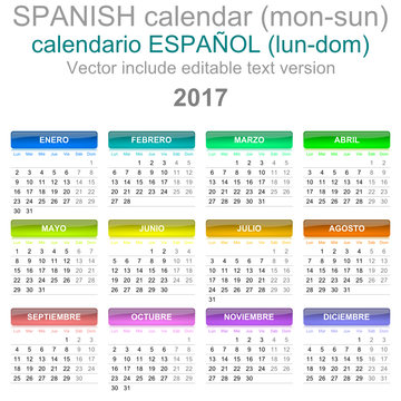 2017 Calendar Spanish Language Version Monday to Sunday