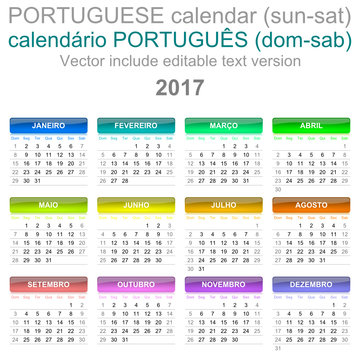 2017 Calendar Portuguese Language Version Sunday to Saturday