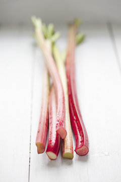 Close up of red rhubarb on table