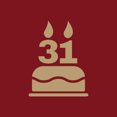 The birthday cake with candles in the form of number 31 icon. Birthday symbol. Flat