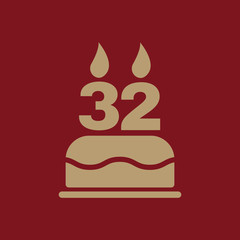 The birthday cake with candles in the form of number 32 icon. Birthday symbol. Flat