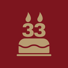 The birthday cake with candles in the form of number 33 icon. Birthday symbol. Flat