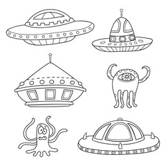Card with space objects: ufo rockets, aliens. Hand-drawn element