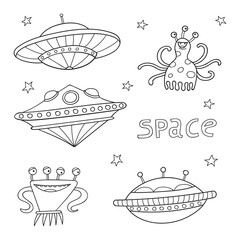 Card with space objects: ufo rockets, aliens and stars. Hand-dra © uiliaaa