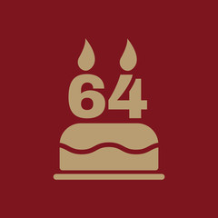 The birthday cake with candles in the form of number 64 icon. Birthday symbol. Flat