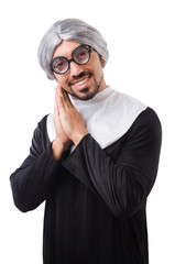 Man wearing nun costume isolated on white