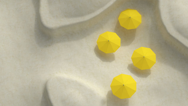 Four yellow sunshades on beach dune, 3D Rendering