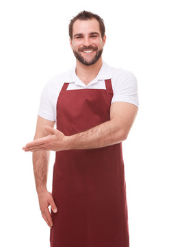 Man With Red Apron Showing Empty Copyspace