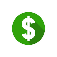 Dollar symbol, flat design style circle with long shadow, green color