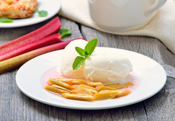 Homemade ice cream and cooked rhubarb on white plate