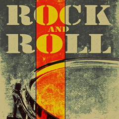 rock and roll music with drum on old grunge background, illustration design elements
