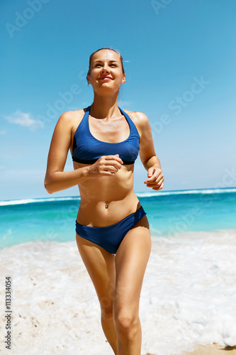 Beach Run Fitness Woman Running On Sand Beautiful Healthy Happy