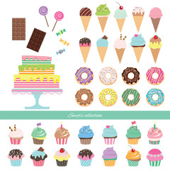 Birthday set with different sweets - cake, ice cream, donuts, cupcakes, chocolate bar, lollipop, candies.