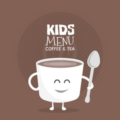 Kids restaurant menu cardboard character. Funny cute mug coffee drawn with a smile, eyes and hands.