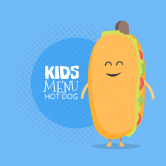 Kids restaurant menu cardboard character. Funny cute hot dog drawn with a smile, eyes and hands.