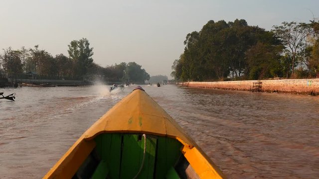 front View from Fast going boat in Inle lake of Myanmar slow motion