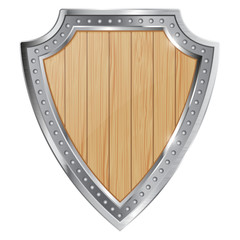 Wooden shield with metal frame. Heraldic emblem