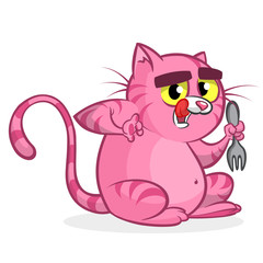 Fat funny cat with yellow eyes holding fork.  Vector cartoon cat waiting for food