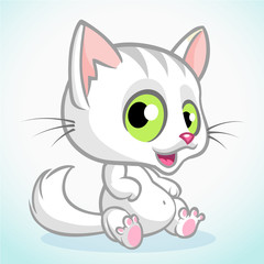 Fototapeta na wymiar White cute kitty with green eyes sitting. Vector cartoon cat illustration