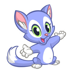 Little cute kitten pointing his hand. Blue fluffy cat sitting. The concept of children's and educational books. Vector Illustration.