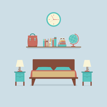 Flat Design Bedroom Interior Vector Illustration.