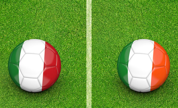 Team balls for Italy vs Ireland football tournament match, 3D rendering