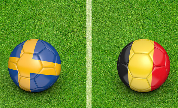 Team balls for Sweden vs Belgium football tournament match, 3D rendering