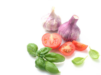 fresh vegetables and basil leaf isolated on white background