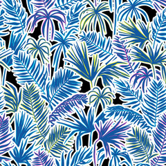 vector seamless graphical artistic topical foliage pattern, tropics, palm leaf, fern frond, cyperus, decorative colorful, summer time, original, fashionable background allover tropical print