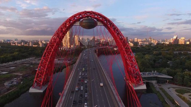 Best aerial view ad Red Zhivopisny Bridge in Moscow city, Unique quadcopter views. Eric sunset, Road Traffic. Flight inside
