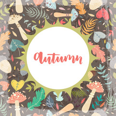 Hand drawn grange vector card. Hello Autumn. Grunge seasonal postcard with leaves.